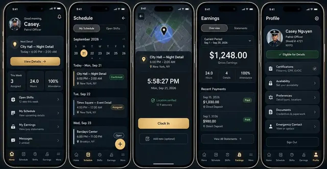 Five app screens: Home, Schedule, Clock In, Earnings, Profile
